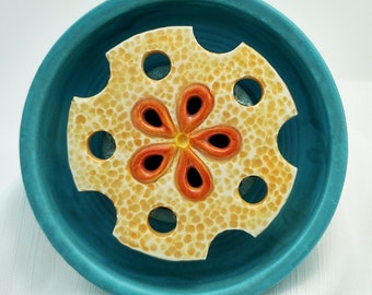 Handmade, Hand Carved, Ceramic Coaster, Matte Teal Base with Tropical Design on Top, Water Reservoir