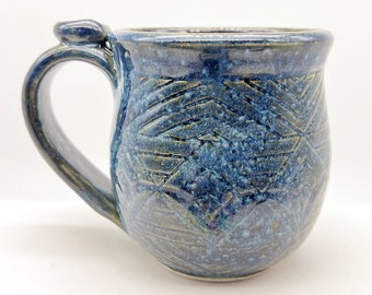 Handmade, Hand Carved, Ceramic Mug, Shades of Blue Glaze