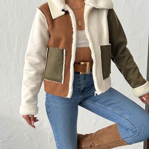Colorblock Suede Look Jacket Women, Retro 70s Shearling Style Coat, Cream Olive Tan Patchwork Jacket, Cozy Fall Winter Outerwear