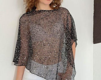 Top de malla con lentejuelas, blusa asimétrica brillante, top transparente para fiestas, top tipo poncho con mangas murciélago, top brillante para festivales, blusa de noche para mujer, top para vacaciones