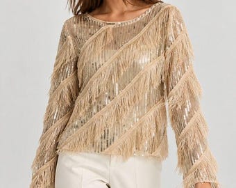 Blouse met paillettenfranjes voor dames, sprankelende feesttop, top met glinsterende kwastjes, Y2K-uitgaansblouse, disco-glamour avondtop, feestoutfit voor de feestdagen