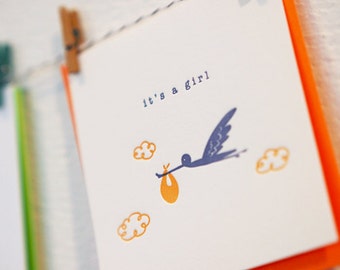 Delivery Stork - Letterpress Baby Girl Announcement Mini Card