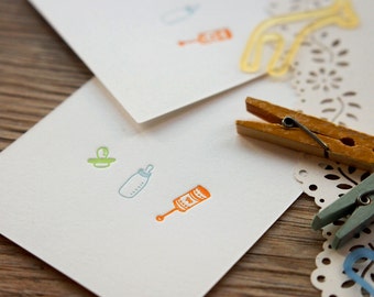 Baby Gadgets - Letterpress Baby Announcement Mini Card - Milk Bottle, Soother and Toy