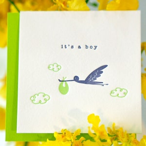 Levering Stork - Letterpress Baby Boy Aankondiging Mini Card