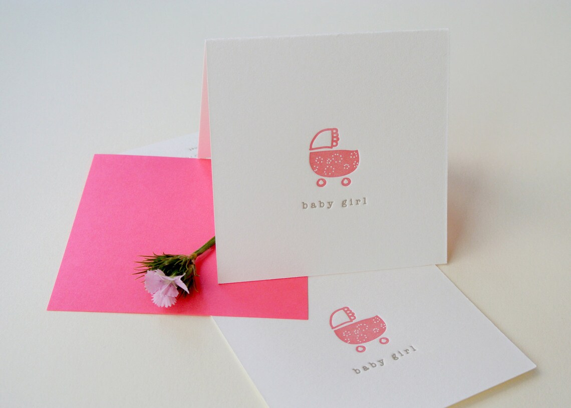 Baby Girl Stroller Letterpress Baby Announcement Mini Card Etsy