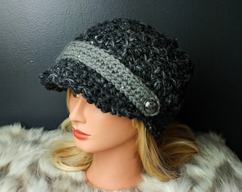 Brimmed crochet hat - slouchy, sequins, buttons