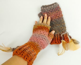 Hand spun crochet fingerless gloves- wool with feathers and wooden beaded ties