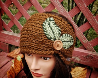 Crochet headband / ear warmer- wide, leaf design, wooden button accent and closure
