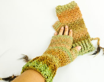 Hand spun crochet fingerless gloves- wool with feathers and wooden beaded ties