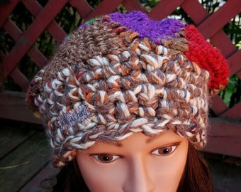 Patchwork hat with hidden stash pocket- crochet, slouchy, beret