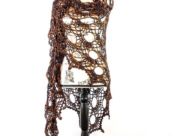 Handmade shawl / wrap- crochet, all weather wrap, indie dyed, merino, blue, brown, bronze, yellow