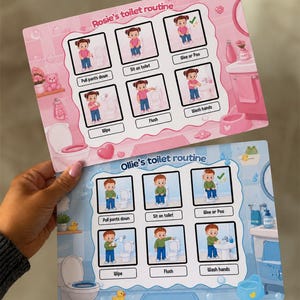 May include: Two rectangular laminated charts titled Rosie's toilet routine and Ollie's toilet routine. Each chart features six illustrated steps for bathroom hygiene, including pulling down pants, sitting, using the toilet, wiping, flushing, and washing hands.