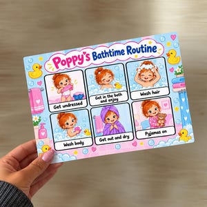 May include: A rectangular sign titled Poppy's Bathtime Routine featuring six illustrated steps: Get undressed, Get in the bath and enjoy, Wash hair, Wash body, Get out and dry, and Pyjamas on. The design includes yellow rubber ducks, bubbles, and a girl.