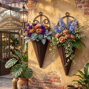 May include: Two dark brown cone-shaped wall planters mounted on a textured tan wall. The left planter holds purple and orange roses with green succulents. The right planter contains blue delphiniums, orange ranunculus, and trailing ivy.