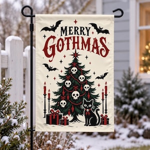 Fröhliche Gothmas-Gartenflagge, gotischer Weihnachtsbaum mit Totenköpfen und schwarzer Katze, gruselige Weihnachtsdekoration für den Garten, Creepmas-Geschenk für Goths