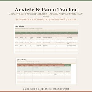 Op de afbeelding: Een digitaal sjabloon voor het bijhouden van angst en paniek met een dagelijkse registratietabel en notities voor episoden. Het document bevat kolommen voor datum, slaap, cafeïne, beweging, angst, gedachten en notities, met tekst over 9 tabbladen, Excel + Google Sheets en directe download.