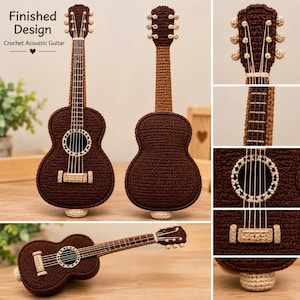 May include: A crochet acoustic guitar featuring a dark brown body, a lighter brown neck, and cream-coloured accents on the headstock, bridge, and soundhole rosette. The guitar has thin strings and the text Finished Design Crochet Acoustic Guitar.