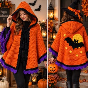 May include: An orange hooded crochet cape featuring a black trim and a purple scalloped border. The back displays a yellow moon, a black bat, and small yellow stars. The front includes a black drawstring closure with tassels at the neckline.