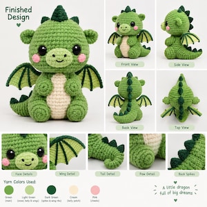 May include: A crochet dragon plush toy featuring a green body, cream-colored belly, and pink cheeks. The design includes dark green back spikes, wings with dark green ribs, and large black eyes. The image displays multiple angles and details.