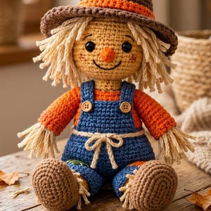 Könnte beinhalten: Eine gehäkelte Vogelscheuchen-Puppe mit braunem Spitzhut und orangefarbenem Flicken, cremefarbenem Garnhaar, orangefarbenem Langarmshirt und blauer Latzhose mit zwei Holzknöpfen und Bindeband an der Taille, dazu braune Schuhe.