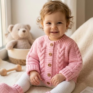 Può includere: Un cardigan in maglia a maniche lunghe rosa chiaro con un motivo a trecce sui pannelli frontali, un girocollo a coste e cinque bottoni in legno marrone al centro. Il capo presenta polsini a coste e una finitura in maglia testurizzata.