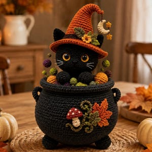 Può includere: Un gatto nero all'uncinetto che indossa un cappello a punta arancione con un ciondolo a forma di luna e stella, seduto all'interno di un calderone nero all'uncinetto. Il calderone è decorato con un piccolo fungo e foglie arancioni.