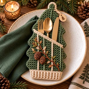 May include: A dark green crocheted Christmas tree-shaped cutlery holder featuring a cream-colored ribbed base and embroidered pine branch with two brown pinecones. A small round wooden tag with a tree icon is attached. Gold fork, spoon, and knife.