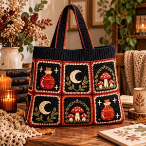 Puede incluir: Un bolso de ganchillo negro con una cuadrícula de paneles cuadrados con motivos de hilo rojo, blanco y verde. Los diseños incluyen frascos de pociones rojos, lunas crecientes blancas con hojas verdes y setas rojas bajo follaje.