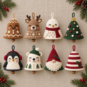 May include: A set of eight crocheted Christmas ornaments shaped like bells, including a gingerbread person, a reindeer, an owl, a Christmas tree, a penguin, a polar bear, a gnome, and a red and white striped bell, each with a hanging loop.