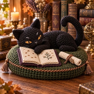 May include: A crocheted black cat with orange eyes resting on a round, dark green crocheted cushion. The cat lies beside an open, cream-colored crocheted book featuring embroidered star and plant motifs, and a small, rolled-up crocheted scroll.