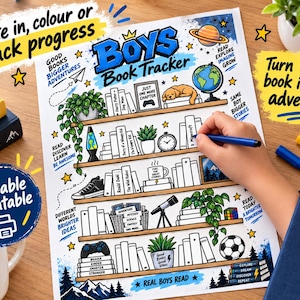 May include: A white paper sheet titled Boys Book Tracker featuring illustrated bookshelves with various items like plants, a globe, a soccer ball, and books. The design includes text such as Read Explore Imagine Grow and Real Boys Read, with space to color in book spines.