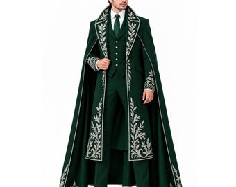 Può includere: Un completo color verde scuro composto da un mantello lungo e pantaloni abbinati. Il mantello e i risvolti della giacca sono decorati con intricati ricami a foglia color argento. L'outfit include un gilet verde con bottoni argentati e una cravatta verde.