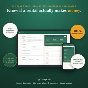 May include: A digital real estate investment calculator interface displayed on a laptop and smartphone screen. The dark green dashboard features input fields for property costs, loan details, and cash flow metrics, with circular text overlays highlighting offline functionality and investment strategies.