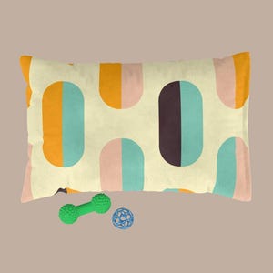 Mid-Century Geometric Pet Bed | Oval Pattern, Pastel Teal Peach Mustard