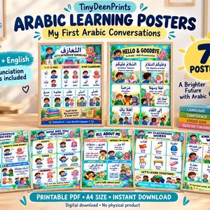 May include: A set of seven educational posters titled Arabic Learning Posters, My First Arabic Conversations. The posters feature colorful illustrations of children, Arabic text, English translations, and pronunciation guides for daily vocabulary.