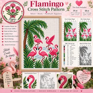 Puede incluir: Un patrón de punto de cruz digital titulado Flamingo Cross Stitch Pattern que muestra cinco flamencos rosas entre hojas de palmera verdes. El conjunto incluye una tabla de colores, lista de hilos DMC e instrucciones para 14 ct y 18 ct.