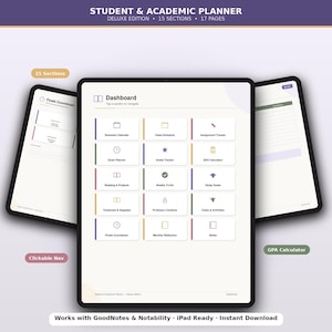 May include: A digital student and academic planner with a dashboard featuring 15 clickable sections including a semester calendar, class schedule, assignment tracker, exam planner, grade tracker, GPA calculator, reading, projects, to-do, and notes.