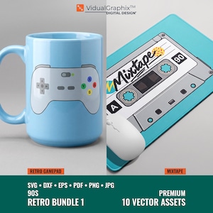 May include: A light blue ceramic mug featuring a white video game controller graphic and a light blue mousepad displaying a cassette tape illustration with the text Mixtape and 90. The design includes the text VidualGraphix Digital Design.