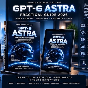 Peut inclure: Un livre et une tablette affichant le titre GPT-6 ASTRA PRACTICAL GUIDE 2026 avec un graphique de tête humaine numérique bleue. Un mug blanc avec le texte Better Ideas A Brighter Tomorrow est posé à côté. L'image inclut du texte sur l'IA.