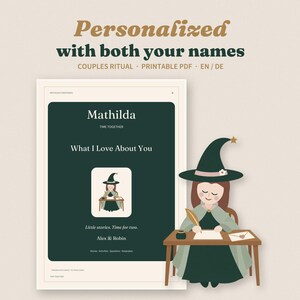 Könnte beinhalten: Ein druckbares PDF-Dokument mit dem Titel Mathilda, What I Love About You, mit dunkelgrünem Hintergrund und einer Illustration einer Person mit grünem Hut, die an einem Holztisch schreibt. Der Text enthält die Namen Alex & Robin und Little stories. Time for two.
