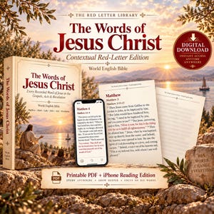 May include: A digital download of The Words of Jesus Christ, a contextual red-letter edition of the World English Bible. The set includes a book, a smartphone displaying Matthew 4, and printable pages, all featuring a sunset landscape background.