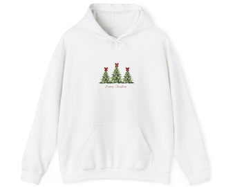 Merry Christmas Hoodie, Three Christmas Trees Sweatshirt, Unisex Holiday Hooded Sweater, Cute Xmas Pullover, Winter Clothing, Christmas Gift