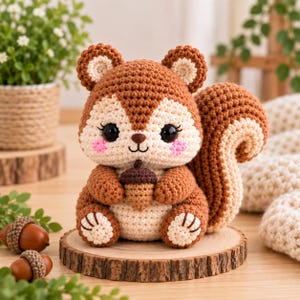 May include: A crocheted squirrel figurine made with brown and cream yarn, featuring large black eyes, pink cheeks, and a small brown acorn held in its paws. The squirrel has a bushy tail and sits on a round wooden slice, with two loose acorns nearby.