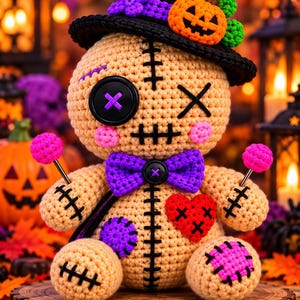 Puede incluir: Una muñeca vudú de ganchillo beige con un ojo de botón negro, un ojo cosido y una boca cosida. La muñeca lleva un sombrero de bruja negro con una pequeña calabaza naranja y una flor morada, una pajarita morada, un parche de corazón rojo y detalles rosas.
