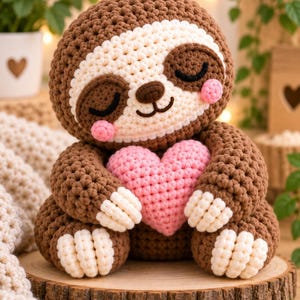 May include: A brown and cream crocheted sloth plush toy with closed eyes and pink cheeks, holding a soft pink heart. The sloth features a cream-colored face patch, dark brown eye patches, and cream-colored claws on its hands and feet.