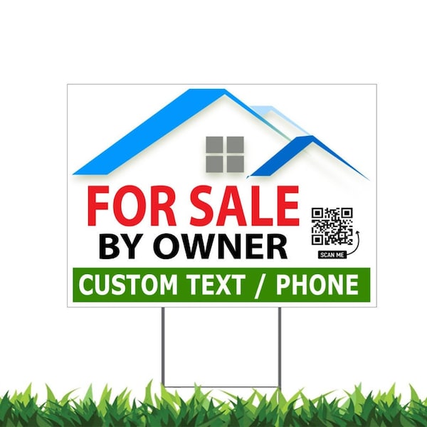 Custom for Sale by Owner, QR Code Link to Website, Personalized QR Code, v1 18x24-inch Yard Sign (Outdoor, Weatherproof) Metal Stakes Incl