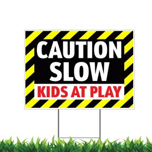 Reduzca la velocidad, conduzca despacio, Niños jugando, Señal de seguridad, Señal de precaución, Señal de patio, Impreso a 2 lados, 12x18, 24x18 o 36x24, Metal H-Stake incluido, v3