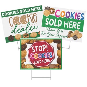 Cookies Sold Here, Scout Yard Sign, Full Color Double Sided Print, Multiple Size Sign Choices, Metal H-Stake Included