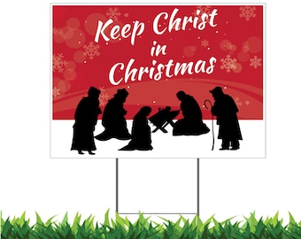 Puede incluir: Señal de jardín roja de Navidad con una silueta de la escena de la Natividad y el texto "Keep Christ in Christmas".