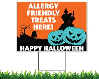Halloween Allergy Friendly Treats Yard Sign, Printed Double Sided, Outdoor Weatherproof, Metal H-Stake Included